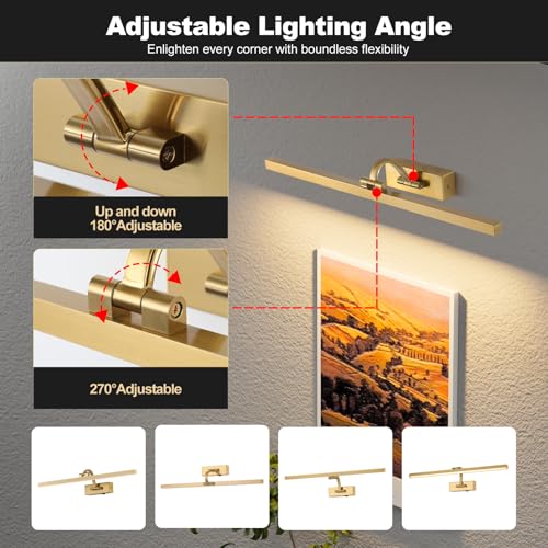 Image of Wireless Picture Lights for Wall,23.5 Inch Brass Art Light for Paintings,Battery Operated Picture Lights with Remote Control,Dimmable Rechargeable Art Lamps for Picture Frame,Gallery