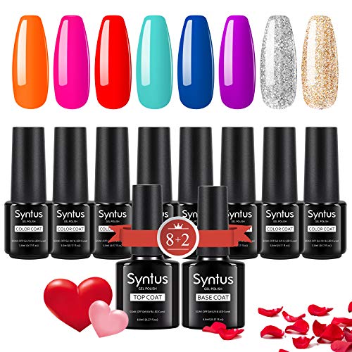 Syntus 10 Pcs Gel Nail Polish Kit, Soak Off Nail Gel Collection with 8ML Top Coat and Base Coat Manicure Nail Art Salon