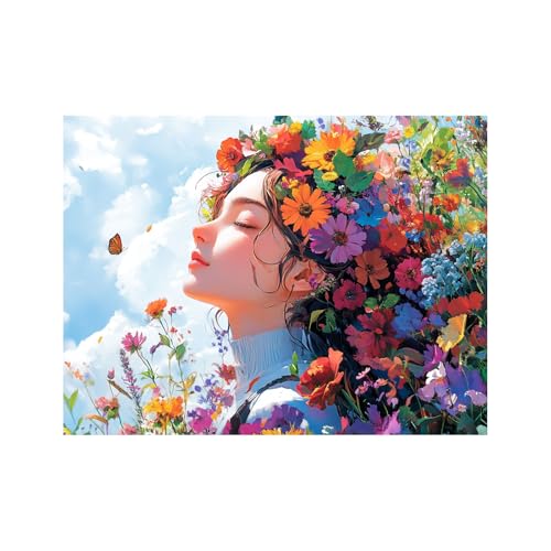 Paysage de montagne traditionnel avec fleurs et fille aux fleurs TERUEA