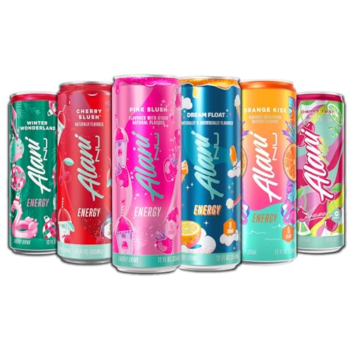 New Alani Sugar Free Energy Drinks Variety Pack, Low Calorie,12 oz (6 Pack) Winter Wonderland, Cherry Twist, Dream Float, Cherry Slush, Pink Slush, Orange Kiss