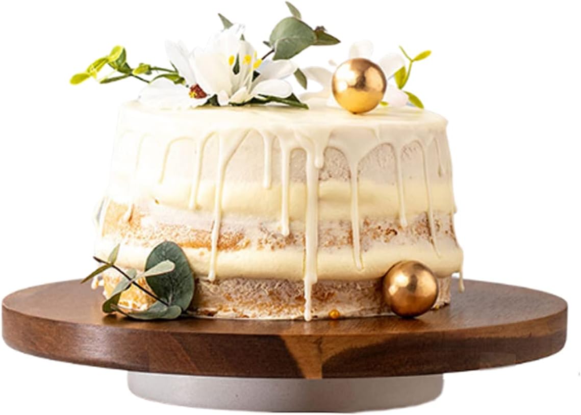 iToids Cake Stand Wedding 12 inch Acacia Wooden Stand, Acacia Wood Rotating Cake Stand, Lazy Susan with Marble Base, Rustic Cake Stand for Baby Shower Wedding Birthday Party Dessert Table Display