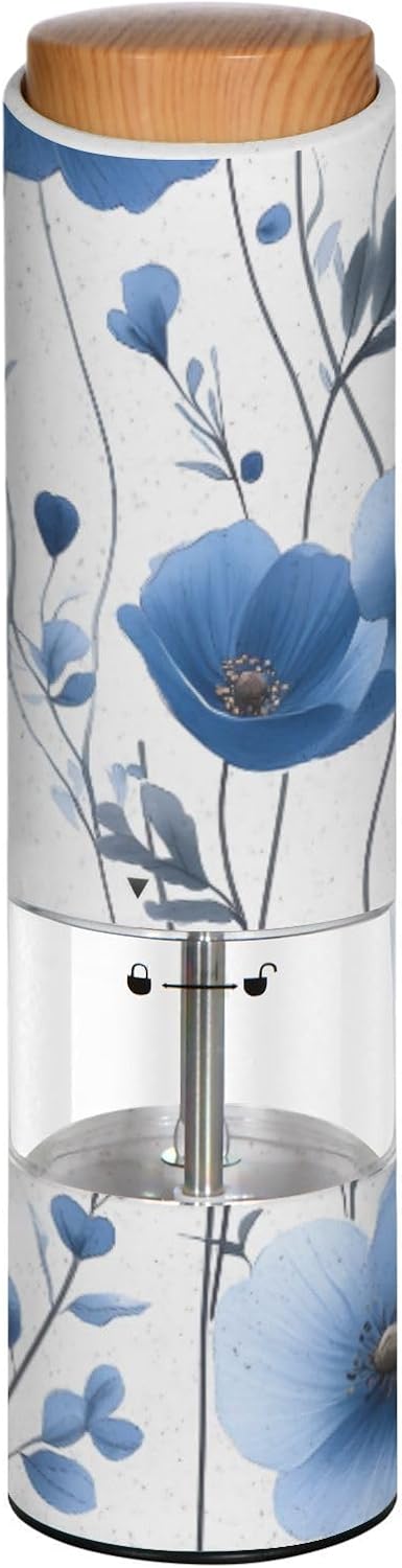 ALAZA Electric Pepper Grinder with Adjustable Coarseness, Blue Flowers Leaves Pattern Battery Automatic Salt and Pepper Mill with Led, One-Handed Operation Spice Grinder for Kitchen, Camping & BBQ