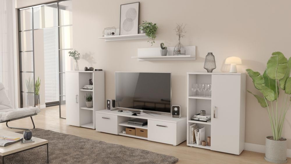 Per la vita Wohnwand Herkules, Schrankwand Wohnzimmer Modern, Wohnzimmerschrank mit Fernsehtisch, Sideboard und Wandregal Wohnzimmer Komplett Möbel - Weiß