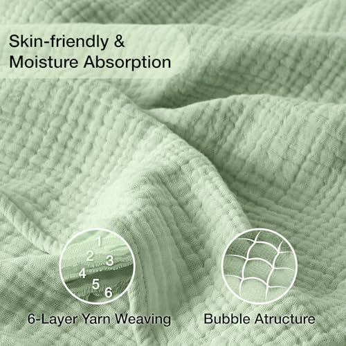 Image of 100% Cotton Muslin Blanket Queen 90 inch x 90 inch, 6 Layers Breathable and Lightweight Cotton Throw Blanket for Bed, Soft Quilt Bedspread Coverlet, Gauze Blanket for Adults All Season, Sage Green