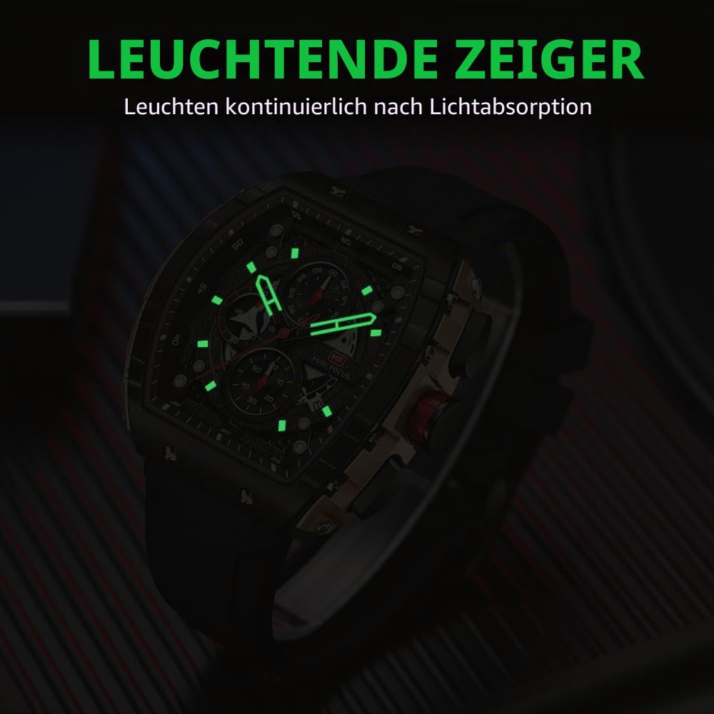 MF MINI FOCUS Herrenuhr Fashion Fass Armbanduhr (Chronograph/Waterproof/Leucht/Kalender) Silikon Quarz Armbanduhr für Männer