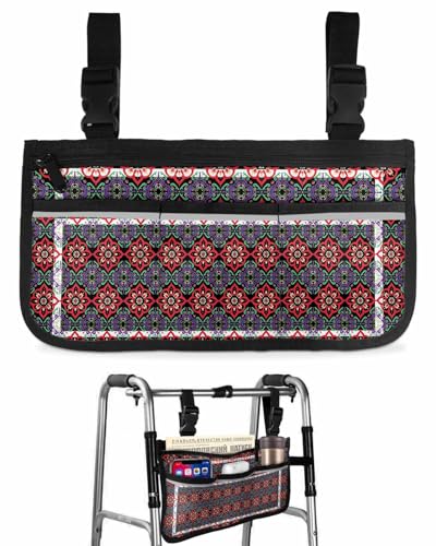 Anzona Red Green Purple Boho Wheelchair Side Bag Walker Bag, Southwestern Floral Striped Wheelchair Accessories Armrest Pouch, Organizer Storage Bag for Walkers, Rollators, Scooters, 7.3''x13''