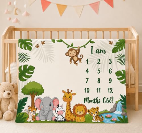 Image of Baby Monthly Milestone Photoshoot Blanket with Milestone Cards, Cotton, 115x95 cm, Animal Theme, 1-12 Months (Animal)
