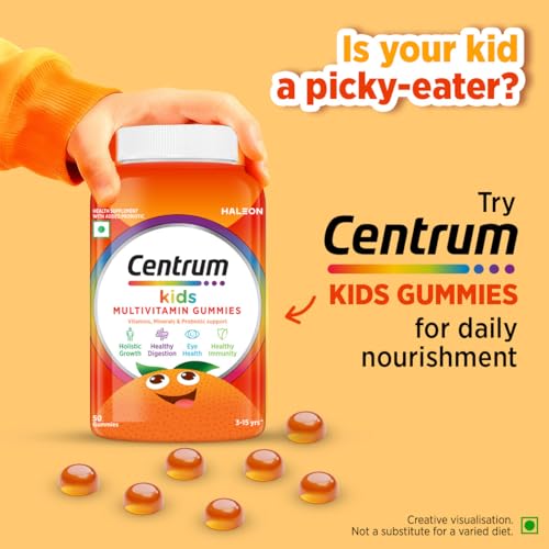 Image of Centrum Kids- Multivitamin Gummies for Kids | Non-Habit Forming | With Zinc, Vitamin B, C, D for Overall Growth, Healthy Digestion, Eye Health, Immunity | Tasty Orange Flavour | Veg - 50 gummies