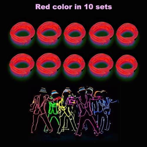 Image of MaxLax EL Wire red 10-Pack, 9ft /2.75m Neon Light Wire with Noise Reduction and Battery Pack