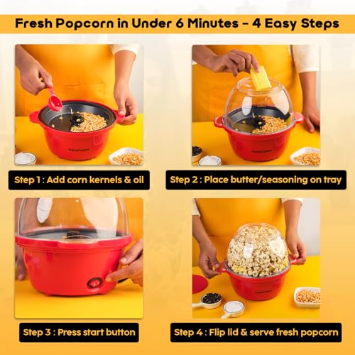 Image of InstaCuppa Electric Popcorn Maker | Automatic One-Button Non-Stick Popper | Large Transparent Lid as Serving Bowl | Butter & Seasoning Tray | Cool-Touch Base | Quick Healthy Snack Solution for Moms