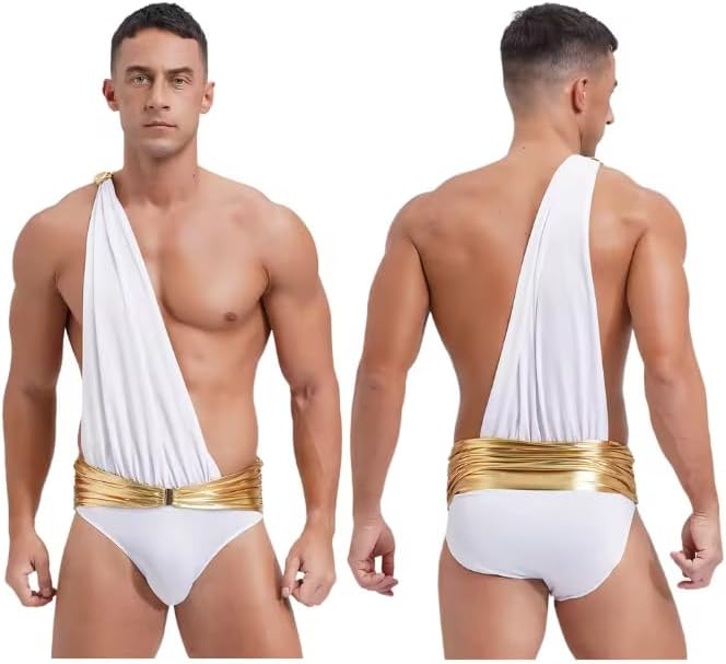 Mens Cosplay Outfit Knight Warrior Bodysuit Armor Soldier Knight Warrior Metallic Belt Briefs Jumpsuit