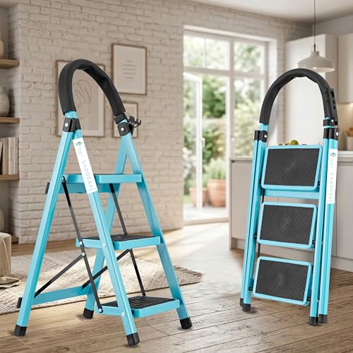 Image of Norman Jr Teal Blue 3 Step Ladder for Home Use with Built-in Tool Tray | Heavy Duty D Shape Rods | Ultra Large Platform | Wide Rubber Feet | 150Kg Capacity Foldable Ladder - 7 Years Warranty