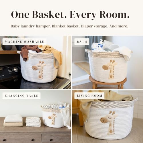 Image of Giraffe Baby Storage Basket, Woven Cotton Rope Nursery Bin, 15x11 in | Stuffed Animal and Blanket Storage, Soft Felt Giraffe Patch, Safari Nursery Decor, Baby Shower, Kids Playroom Organizer