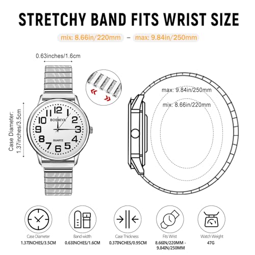 JewelryWe Mens Big Dial Easy Reader Round Quartz Watch Gold/Silver Tone Elastic Band Wristwatch - Image 5