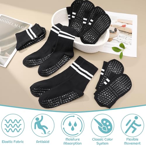 Jspupifip 6 Pairs Grip Pilates Socks Women, Non Slip Yoga Stripe Grippy Crew Breathable Cotton Socks for Ballet Dance3