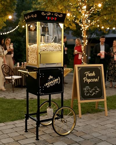 Image of Large Popcorn Machine with Cart: 12 Oz Vintage Commercial Popcorn with Foldable Stand Makes Up to 48 Cups, 3 Serving Cups, Measuring Cups & a Scoop for Home Party Office, Black