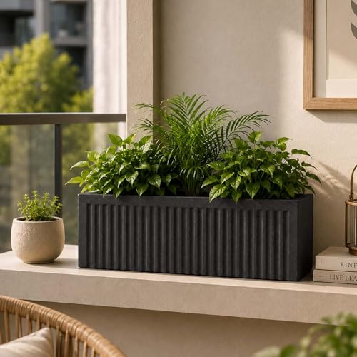 Image of Go Hooked Rectangular Planter Pot (20x9) Inch | Grey Ribbed Design Plastic Flower Pot for Indoor Outdoor Balcony Garden Window Railing Patio | Polymer Decorative Plant Container