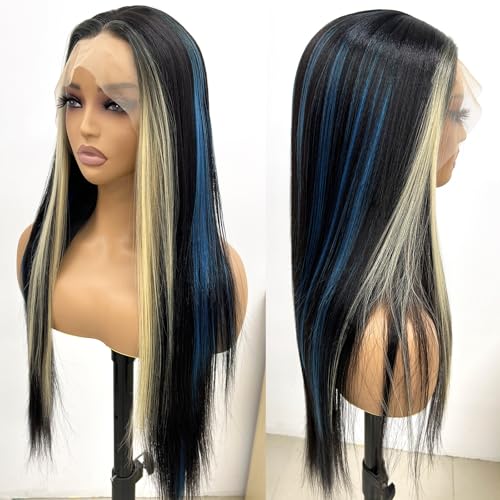 GIANNAY Black Wigs with Highlight Blonde & Blue Lace Front