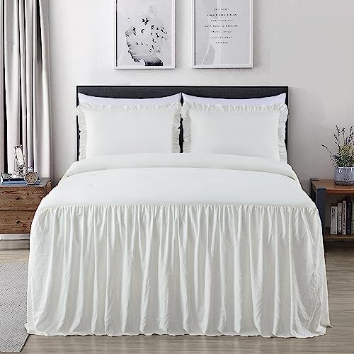 Chezmoi Collection Sinclair 3-Piece Ruffle Skirt Bedspread Set - French Country Chic Farmhouse - Queen, Ivory