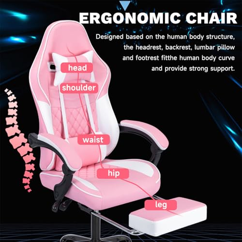 Image of Gaming Desk Chair for Adults, Ergonomic Gaming Chair (Pink+White) | with Footrest Headrest and Lumbar Support, Leather Material Height Adjustable Computer Video Game Chairs