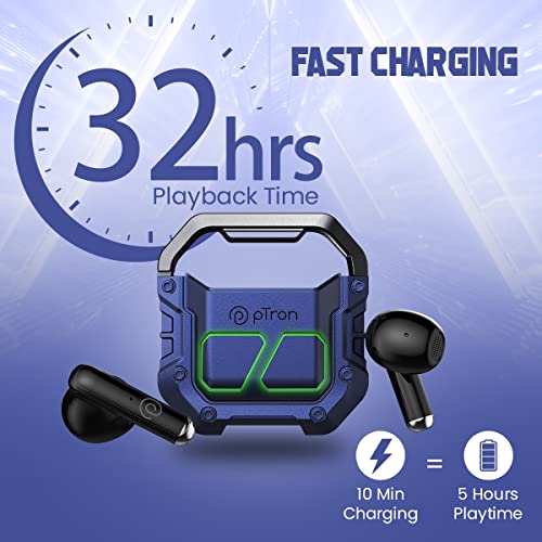 Image of pTron Bassbuds Xtreme Truly Wireless in Ear Earbuds with mic, 32Hrs Playtime, Bluetooth Headphones 5.3, 13mm Driver, Stereo Calls TWS Earbuds, Deep Bass, IPX4 & Type-C Fast Charging (Blue /Black)