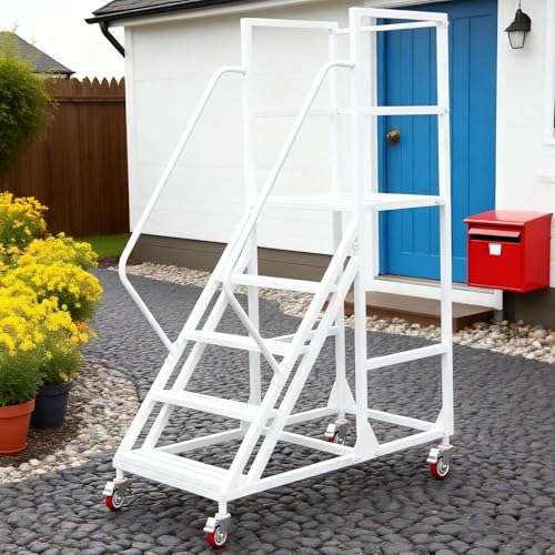 Image of 5 Step Rolling Ladder - Mobile Rolling Stairs with Wheels, Heavy Duty Industrial Safety Non-Slip Metal Rolling Ladders, 1100lbs Capacity, for Warehouse, Garage, Supermarket