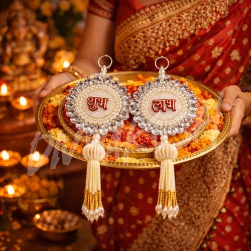 Image of Divyakosh Shubh Labh Door Hanging for Home Entrance | Pearl & Crystal Beaded Decorative Hanging | Traditional Indian Festive Wall & Door Decor for Diwali, Pooja & Griha Pravesh