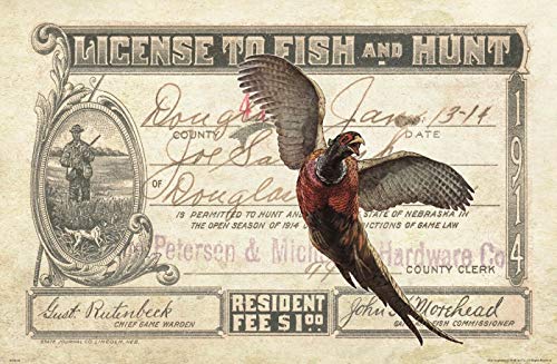 Vintage Nebraska Pheasant Hunting Fish License Art Print 11x17 Cabin
