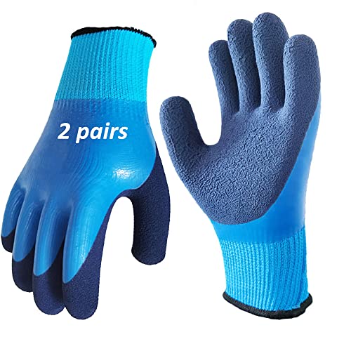 2 Pairs Waterproof Thermal Winter Work Gloves Superior Grip Double Latex Coating Cold Weather Work Gloves (Large-2pairs)