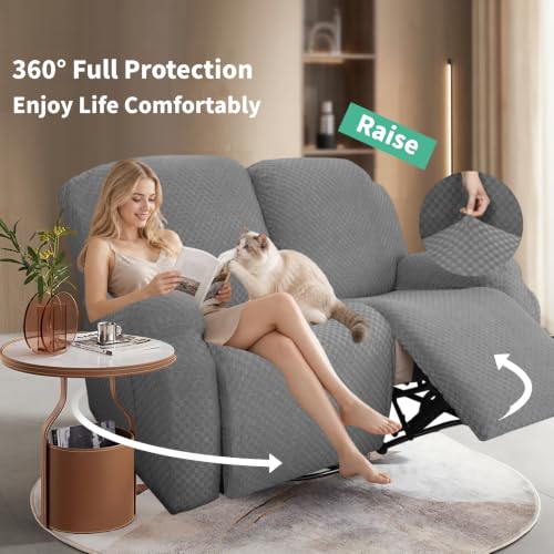 Image of YEMYHOM 6 Pieces Stretch Loveseat Recliner Slipcover Jacquard Recliner Sofa Cover with Side Pocket Fitted Recliner Cover Couch Furniture Protector with Elastic Bottom (Loveseat Recliner, Light Gray)