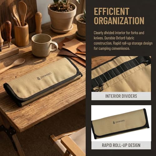 Camping Bestecktasche Leer, Besteck Aufbewahrungstasche Tragbar, Besteckbeutel für Unterwegs Picknick Wandern, Tasche für Campingbesteck Essstäbchen Löffel Messer