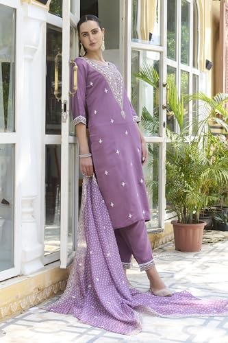 Image of VredeVogel Women's Silk Blend Embroidered Kurta with Pant & Organza Dupatta Set