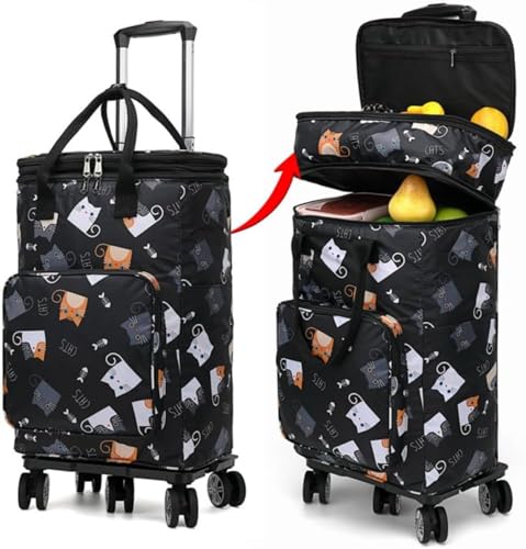 Hufgiud キャリーカート ショッピングバッグ 5輪 横押し可能 折り畳み式 保温 保冷 ダブルキャスター 360度回転タイヤ付き 女性 簡単組立 高さ調節グリップ 荷物運び ピクニック静音性 コンパクト 撥水加工 お買い物 旅行 (H)