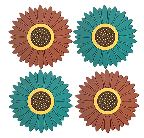 Image of Silicone Trivet Mat - Sunflower Hot Pot Holder Pads - Coasters for Kitchen - Placemat for Hot Dishes - Hot Pads for Table (Set of 4, Meduim, Multi)