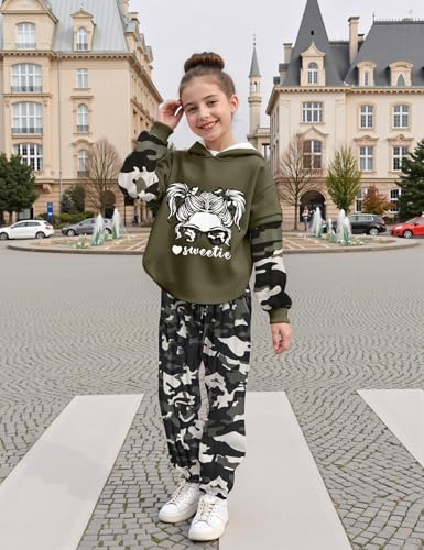Image of Girls Fall Outfits Sweetie-girl Hoodie and Camo Pants Size 6-16 | Curved Hem Design,Skin-friendly Cotton Blend,for Daily School Playdates,Fall&Winter,Easy On & Off Pullover
