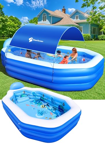 Inflatable Pool with Canopy, Large Inflatable Swimming Pool for Kids,Adult, Blow Up Pools with Seats,Backrest.Durable Thickened Inflatable Family Pools for Backyard,118'x75'x22'-Dark Blue