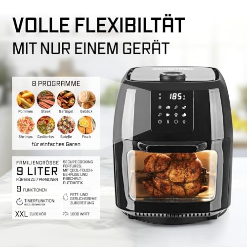 GOURMETmaxx Digitale Heißluftfritteuse XXL - 9L Ofen | Airfryer mit Timerfunktion, Touchdisplay...