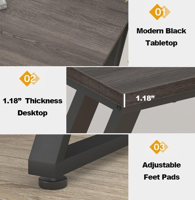 Close-up of desktop thickness and adjustable feet pads