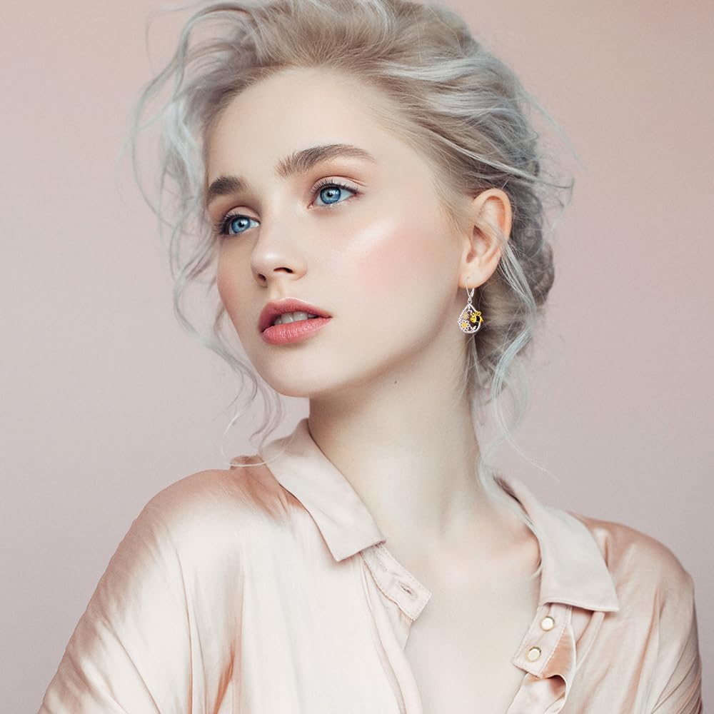 Bee Earrings for Women Dangle Sterling Silver Bumble Bee Earrings Honey Bees Queen Flower Sweet Jewelry Leverback Gifts