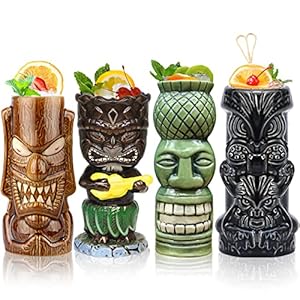 Tiki-mokken glazen tiki-mok voor cocktails, set van 4 grote keramische tropische bekers, Hawaïaanse tiki-feestjes, creatieve cocktailglazen voor drankjes, drinkgerei voor bar, hoogwaardig tropisch exotisch leuk bargerei, 4 stuks, als cadeau