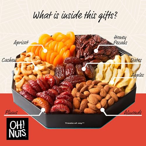 Oh! Nuts 7 Section Dried Fruits and Nuts Gift Basket - Gourmet Assorted Fruit & Nut Gifts Baskets - Healthy Food Hexagon Metal Tin Box - Festive Gifts for Holiday, Birthday, Corporate Women & Men