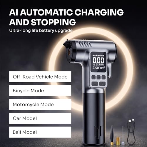 Image of Portable Cordless Car Tyre Inflator 150 PSI | Digital LCD Air Compressor with Auto Shut-Off | Emergency Light, Window Breaker & Seatbelt Cutter | Rechargeable 7.4V | For Car, Bike & Scooter