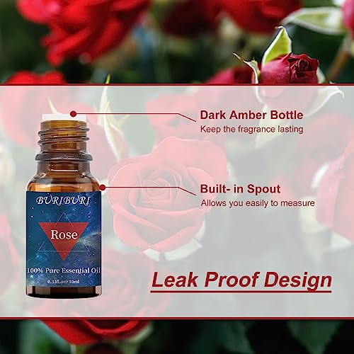 Image of BURIBURI Rose Essential Oil for Diffuser, Massage, Soap, Candle, Perfume Making - 100% Pure, Undiluted, Natural, Organic Aromatherapy - 10ml - Romantic Rose Scented Oil for Women