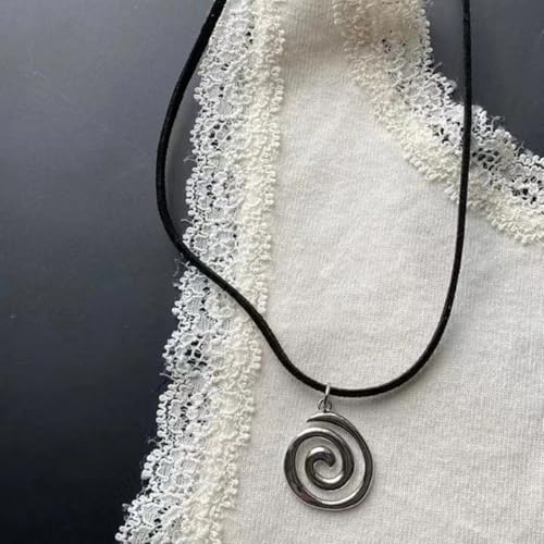 Spiral Y2K Silver Swirl Pendant Necklace for Men Women - Grunge Leather Rope Vintage Circle Pendant Accessories 5