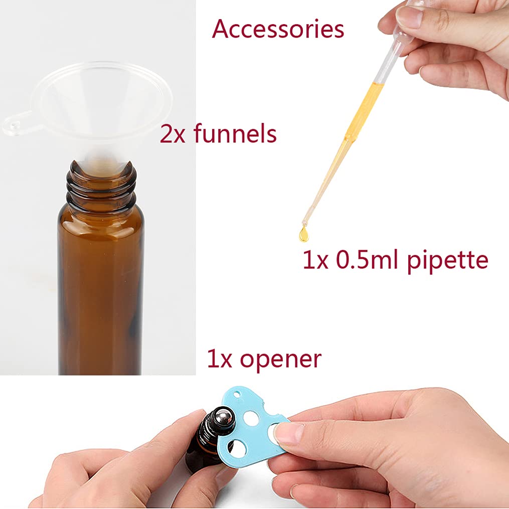 Roll-On Glasflaschen Zum Befüllen, Leere Glas Flaschen mit Edelstahl Kugel, 24 Stück Braune Ätherisches Öl Flaschen 10ml Leer Kleine Fläschchen für Ätherische Öle, Parfüm & Aromatherapie