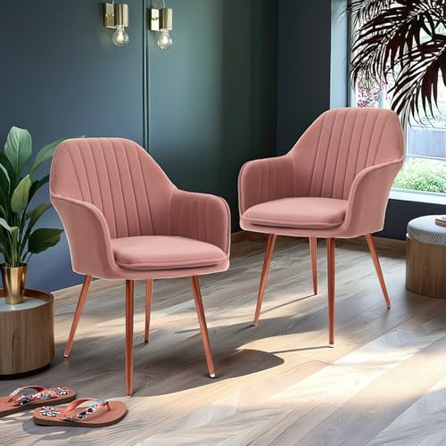 Image of Set of 2 Accent Chair for Living Room | Modern Armchair in Soft Velvet Fabric with Sturdy Legs | Premium Chair for Home Living Room Bedroom Restaurent | (Bronze Legs, Pink)