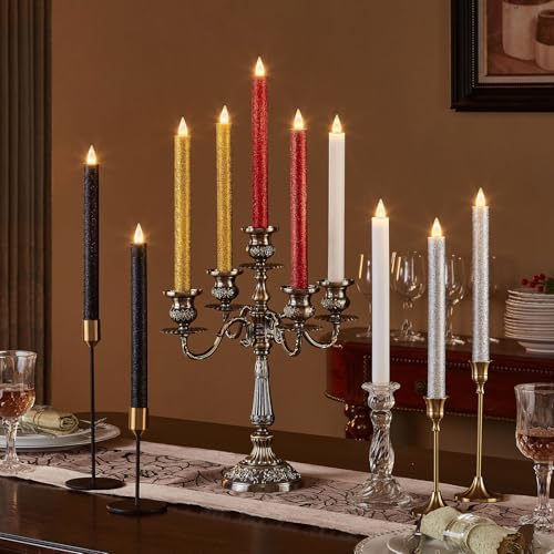 Image of Flameless Taper Candles Flickering with Remote and Timer, 3D Moving Flame Taper Candle Battery Operated to 400 Hours, 9 Inch Window Candles, (Glitter Black)