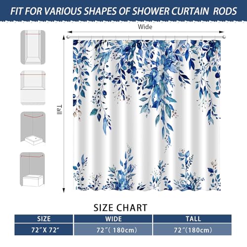 Image of Eucalyptus Shower Curtain, Abstract Aesthetic Art Watercolor Plant Leaves with Floral Bathroom Decor, Waterproof Fabric Cloth Bath Curtain Set with Hooks (Dark Blue, 72x72 Inches)