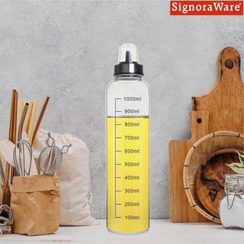 Image of SignoraWare Even Flow Borosilicate Glass Oil Dispenser | Measurement Marking | Easy Refilling | Control Oil Dispensing | Modern Look | Pointer Oil Nozzle with Covering Lid (1 Ltr | Clear)