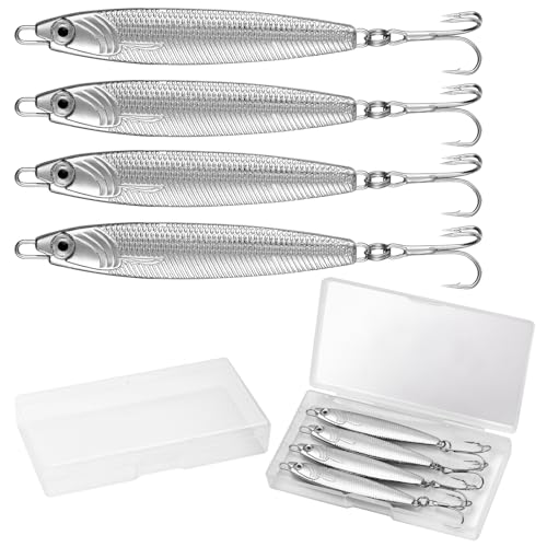 Annyswit 4 Stück Metall Meerforellen Köder mit Drillingshaken Silber Minnow Löffel Köder 20/30/40/60g Hecht Meerfischen Ausrüstung Metall Jigs für Makrele & Kabeljau & Barsch & Meer (30g*4)